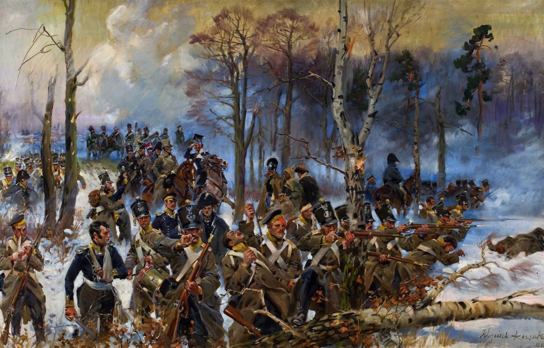 Olejny obraz Wojciecha Kossaka przedstawia bitwę pod Olszynką Grochowską. Żołnierze 4. Pułku Czwartaków odpierają szturm Moskali.